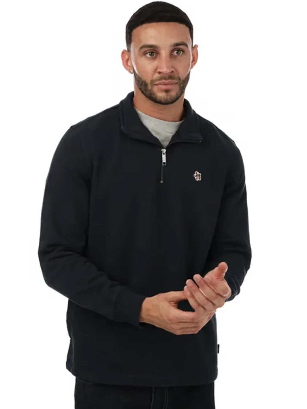 Ted Baker London Mens Black Kilburn Cotton Half Zip Embroidered Flower Sweater